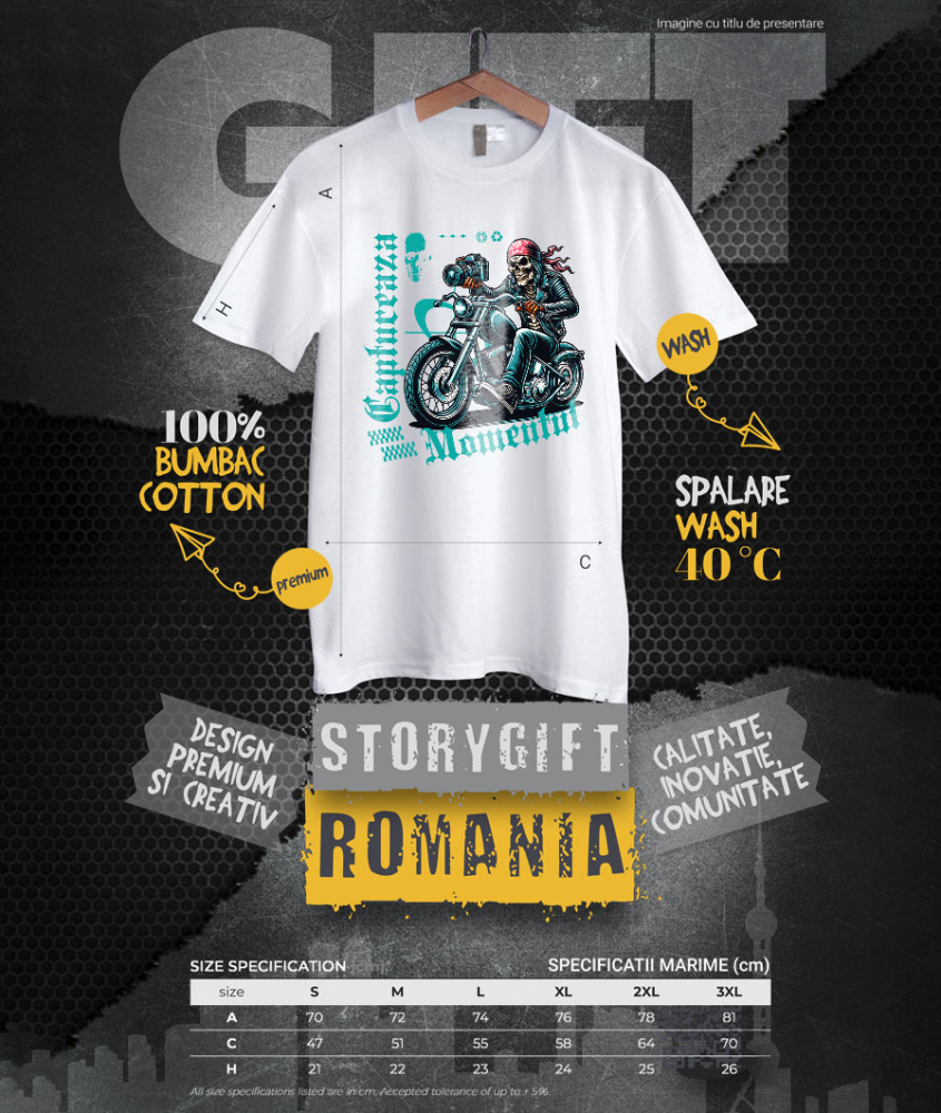 Tricou Femei, Barbati, Copii, Fata, Baiat, Unisex Personalizat Craniu Motociclist Cu Bandană Roșie și Aparat Foto – Design Rebel și Original [4]