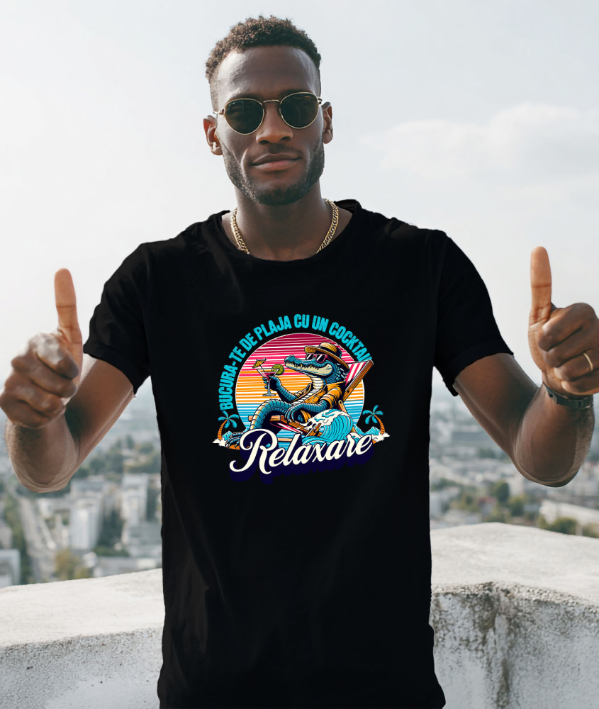 Tricou Femei, Barbati, Copii, Fata, Baiat, Unisex Personalizat "Produse personalizate pentru vacanță – Crocodil cu pălărie și ochelari de soare pe plajă cu cocktail" [2]