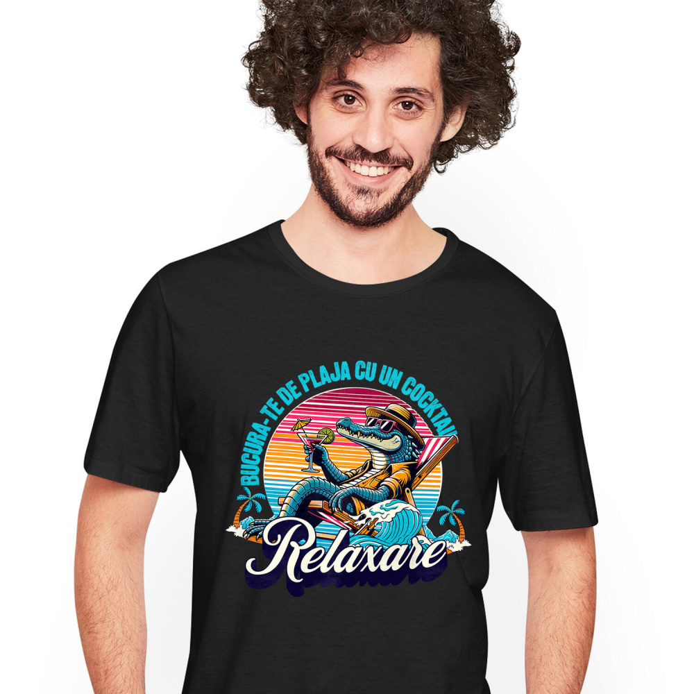 Tricou Femei, Barbati, Copii, Fata, Baiat, Unisex Personalizat "Produse personalizate pentru vacanță – Crocodil cu pălărie și ochelari de soare pe plajă cu cocktail" [1]