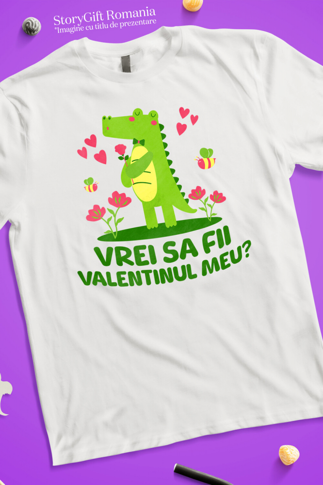 Tricou Femei, Barbati, Copii, Fata, Baiat, Unisex Personalizat „Crocodil Romantic Cu Trandafir Roz Si Papion - Cadou Personalizat „Vrei Sa Fii Valentinul Meu?” pentru Familie, Copii și Prieteni” [3]