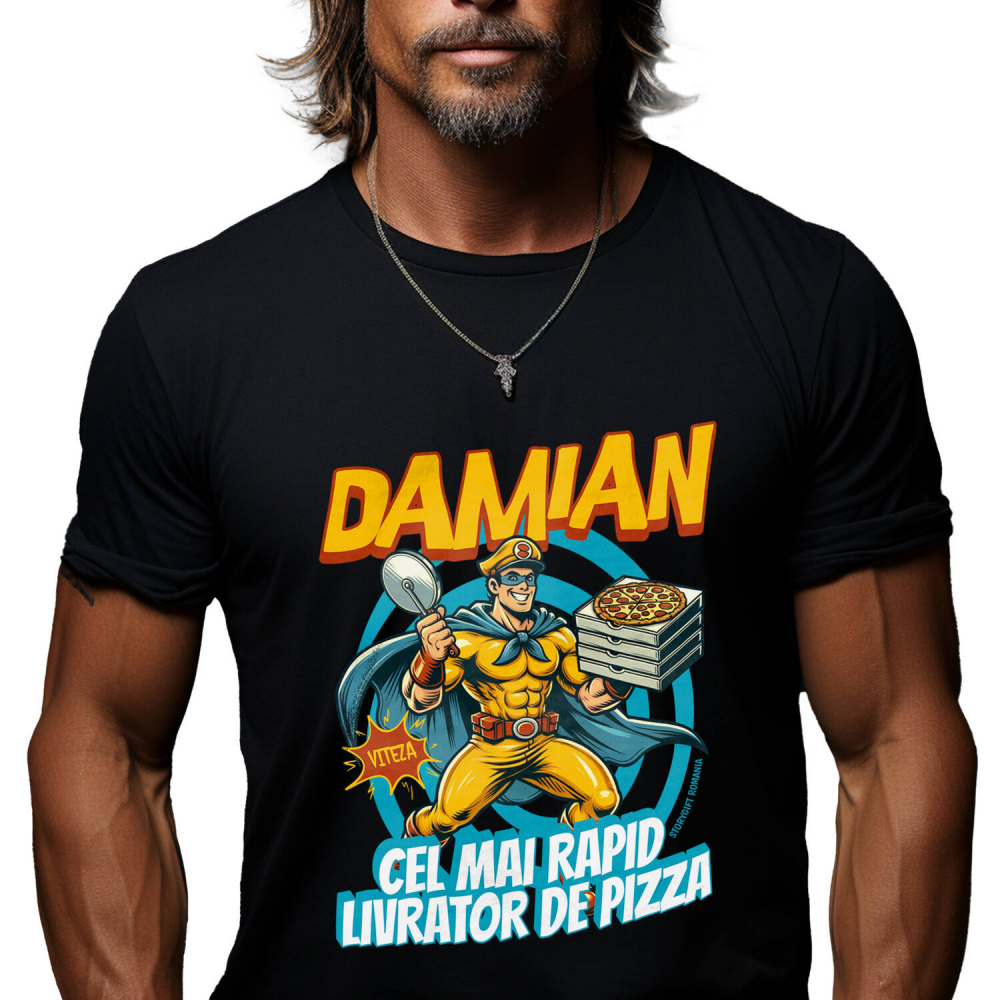 Tricou Femei, Barbati, Copii, Fata, Baiat, Unisex Personalizat Cadou personalizat cu super erou livrator pizza | „Damian, cel mai rapid livrator de pizza” pentru tati și copii [1]