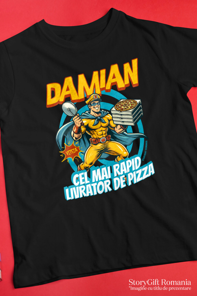 Tricou Femei, Barbati, Copii, Fata, Baiat, Unisex Personalizat Cadou personalizat cu super erou livrator pizza | „Damian, cel mai rapid livrator de pizza” pentru tati și copii [3]