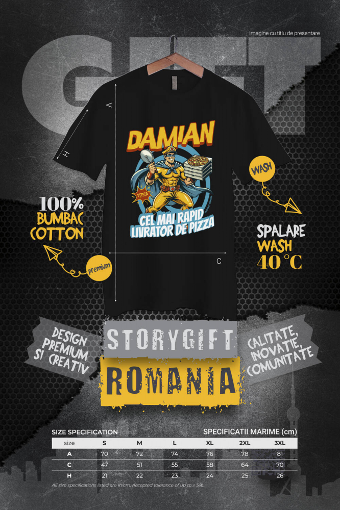 Tricou Femei, Barbati, Copii, Fata, Baiat, Unisex Personalizat Cadou personalizat cu super erou livrator pizza | „Damian, cel mai rapid livrator de pizza” pentru tati și copii [4]