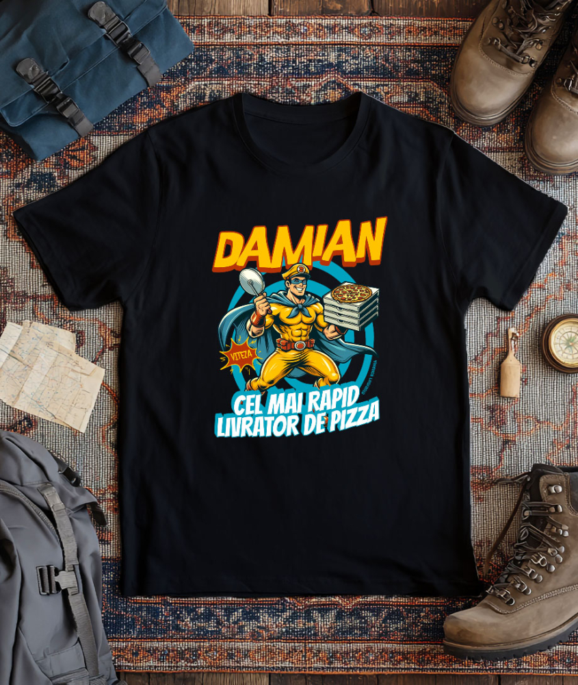 Tricou Femei, Barbati, Copii, Fata, Baiat, Unisex Personalizat Cadou personalizat cu super erou livrator pizza | „Damian, cel mai rapid livrator de pizza” pentru tati și copii [3]