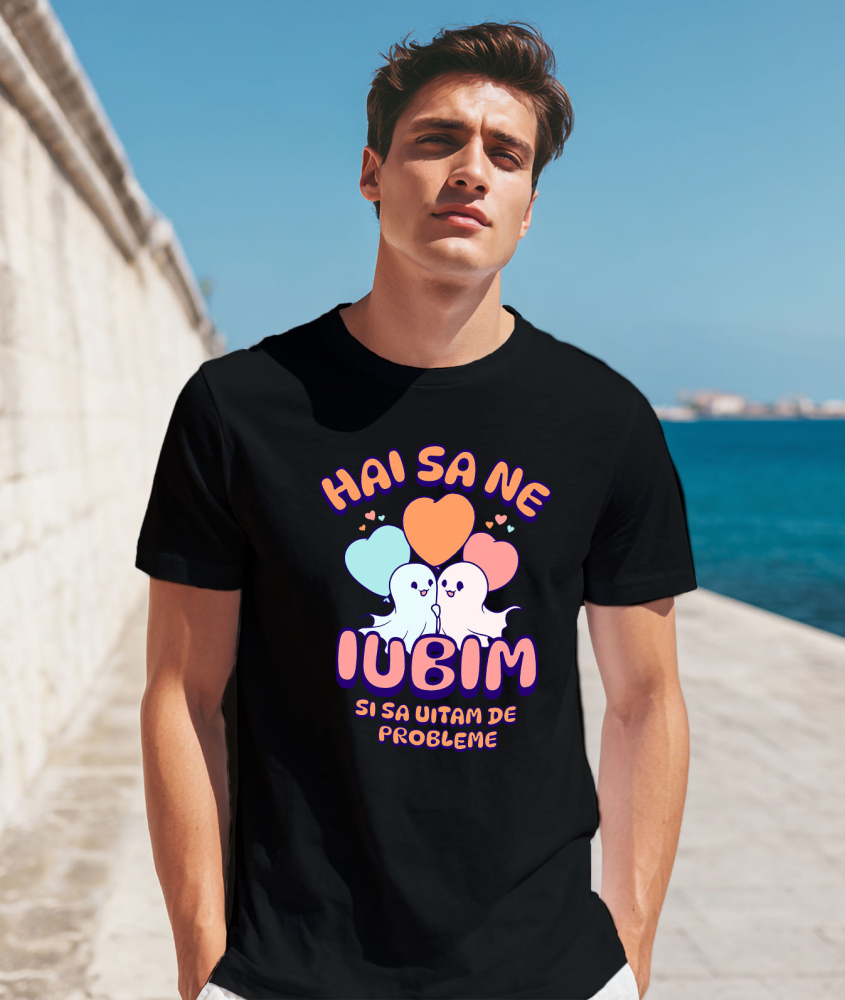 Tricou Femei, Barbati, Copii, Fata, Baiat, Unisex Personalizat Cuplu Fantome Fericit cu Mesajul „Hai Să Ne Iubim Și Să Uităm De Probleme” | Cadou Personalizat Halloween [2]