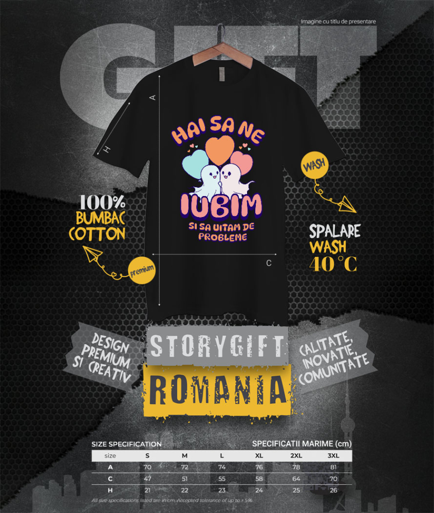 Tricou Femei, Barbati, Copii, Fata, Baiat, Unisex Personalizat Cuplu Fantome Fericit cu Mesajul „Hai Să Ne Iubim Și Să Uităm De Probleme” | Cadou Personalizat Halloween [4]