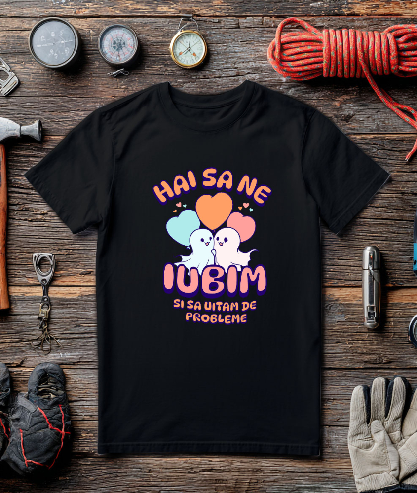 Tricou Femei, Barbati, Copii, Fata, Baiat, Unisex Personalizat Cuplu Fantome Fericit cu Mesajul „Hai Să Ne Iubim Și Să Uităm De Probleme” | Cadou Personalizat Halloween [3]