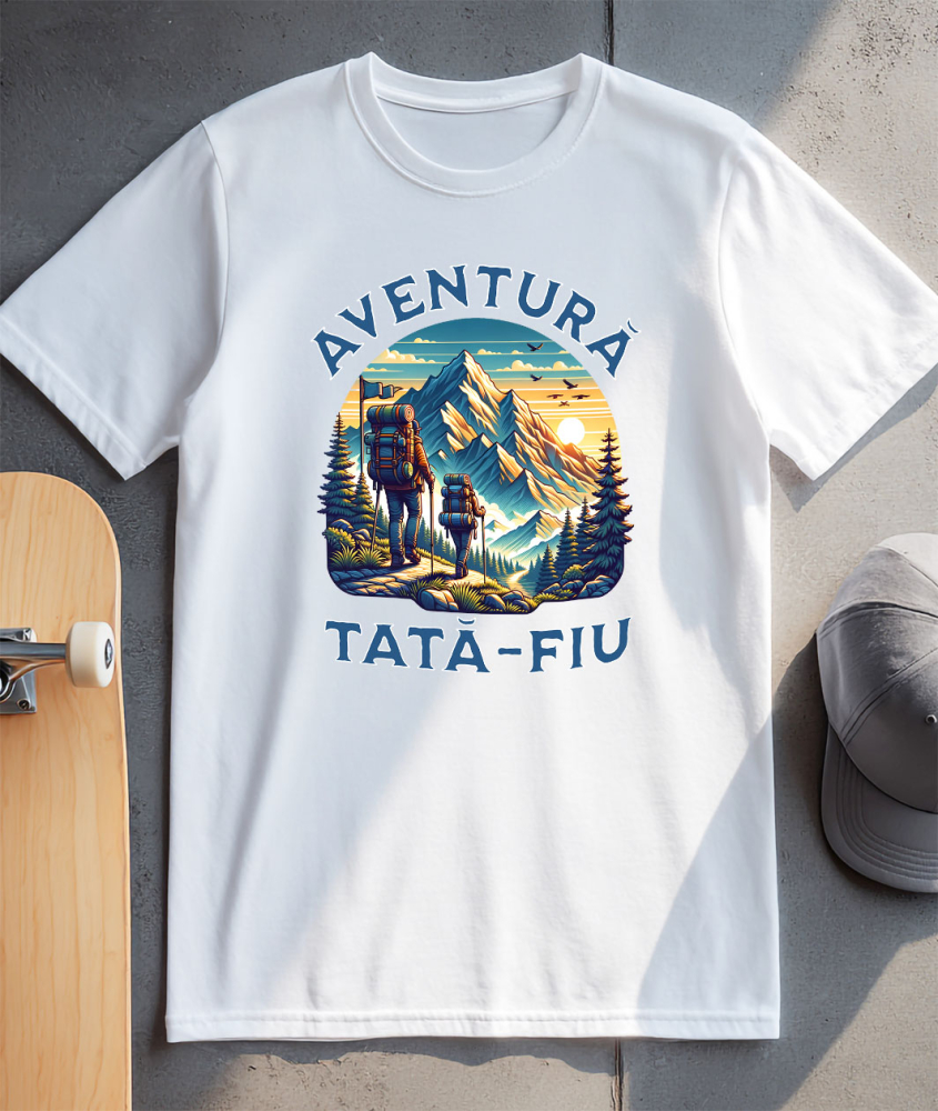 Tricou Femei, Barbati, Copii, Fata, Baiat, Unisex Personalizat "Cuplu Sportiv prin Munți cu Rucsaci – Aventuri în Natură pentru Tată și Fiu" [3]