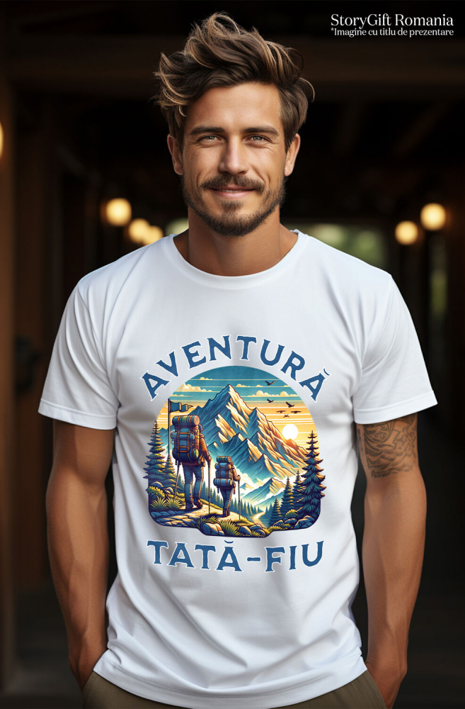 Tricou Femei, Barbati, Copii, Fata, Baiat, Unisex Personalizat "Cuplu Sportiv prin Munți cu Rucsaci – Aventuri în Natură pentru Tată și Fiu" [2]