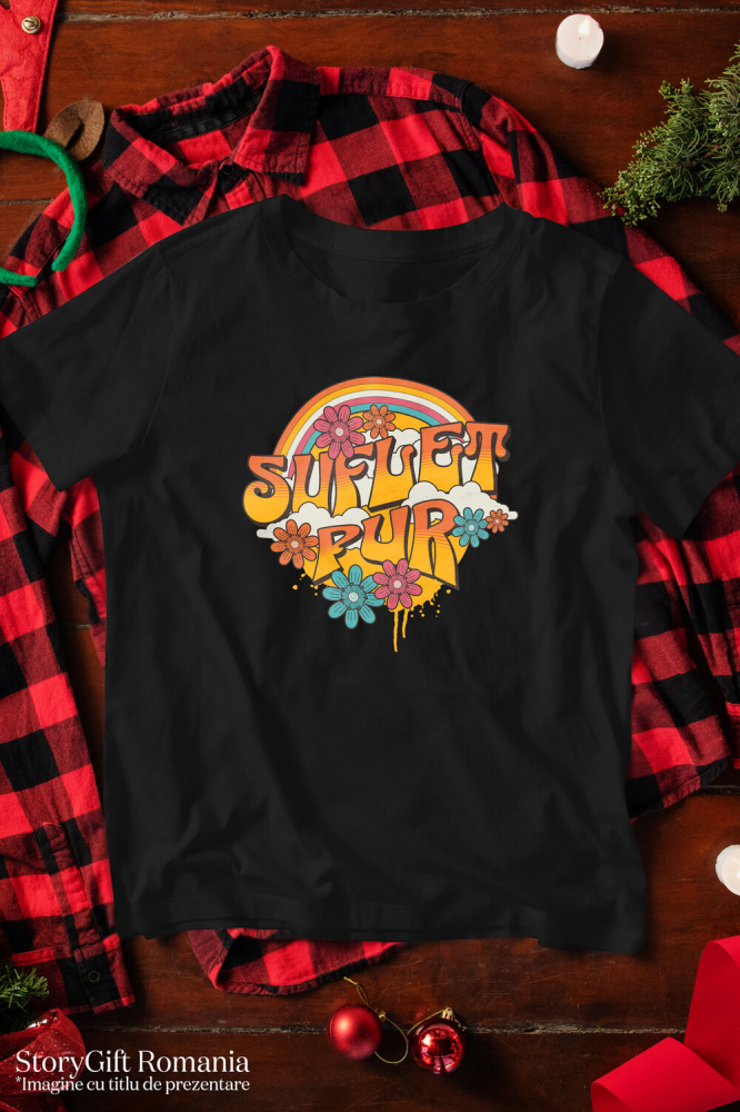 Tricou Femei, Barbati, Copii, Fata, Baiat, Unisex Personalizat Curcubeu Cu Flori Colorate | Suflet Pur | Cadou Personalizat cu Mesaj în Limba Română [3]