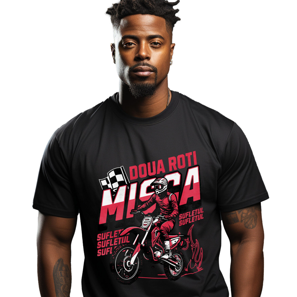 Tricou Femei, Barbati, Copii, Fata, Baiat, Unisex Personalizat Cursa de Motocicletă – Bărbat în Echipament Profesionist și Steag de Finish [1]