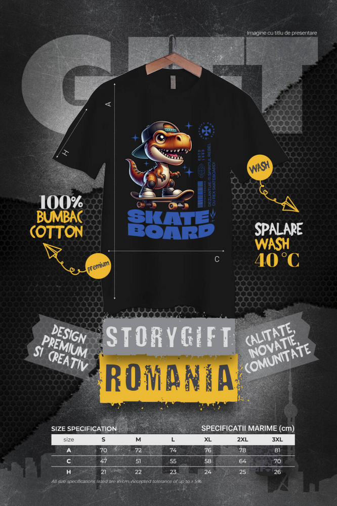 Tricou Femei, Barbati, Copii, Fata, Baiat, Unisex Personalizat Dinozaur Skateboard Cu Șapcă – Design Urban Vesel [4]