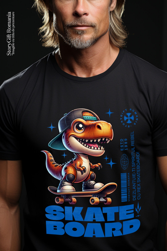 Tricou Femei, Barbati, Copii, Fata, Baiat, Unisex Personalizat Dinozaur Skateboard Cu Șapcă – Design Urban Vesel [2]
