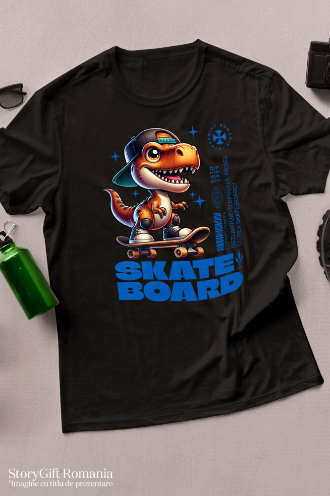 Tricou Femei, Barbati, Copii, Fata, Baiat, Unisex Personalizat Dinozaur Skateboard Cu Șapcă – Design Urban Vesel [3]