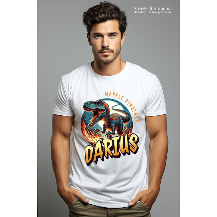 Tricou Barbati cu Dinozaur T-rex 3D Animal Furios in Jungla In Flacari Si Ghare Ascutite cu imprimeu pe Fata, 100% Bumbac, Alb, XL [2]