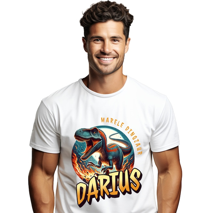 Tricou Barbati cu Dinozaur T-rex 3D Animal Furios in Jungla In Flacari Si Ghare Ascutite cu imprimeu pe Fata, 100% Bumbac, Alb, XL [1]