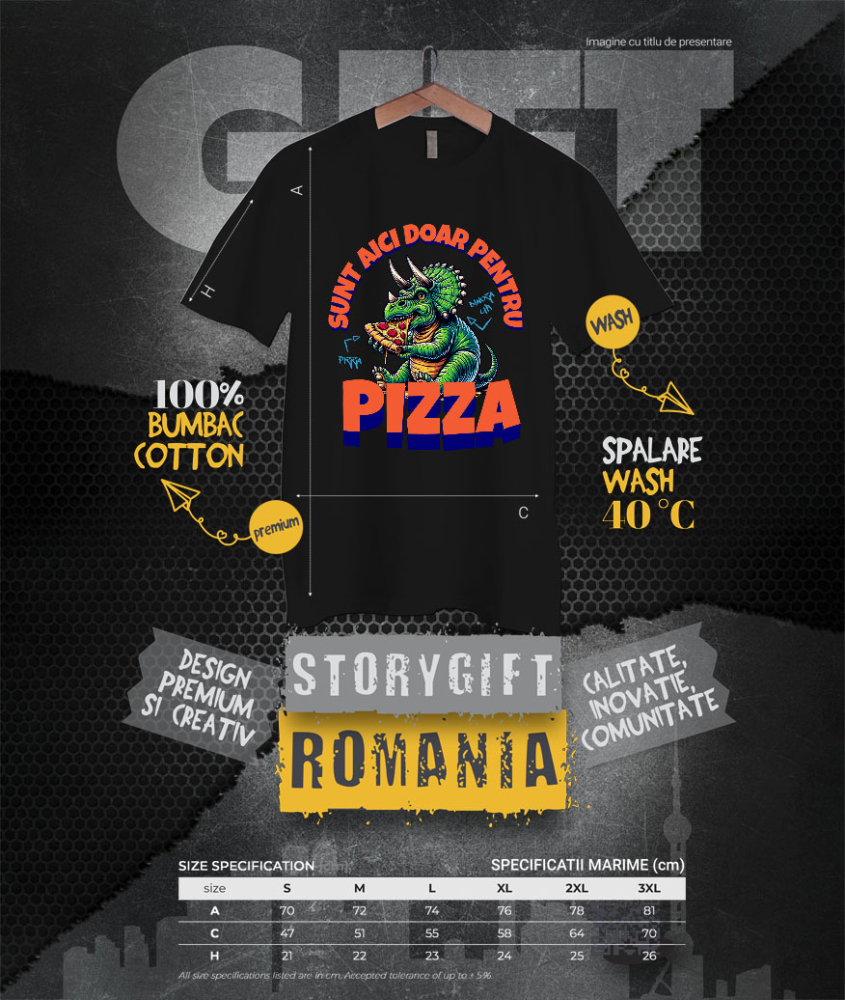 Tricou Femei, Barbati, Copii, Fata, Baiat, Unisex Personalizat Dinozaur personalizat cu pizza și text haios „Sunt aici doar pentru pizza” – Cadou perfect pentru iubitorii de pizza [4]