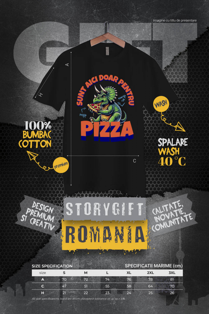 Tricou Femei, Barbati, Copii, Fata, Baiat, Unisex Personalizat Dinozaur personalizat cu pizza și text haios „Sunt aici doar pentru pizza” – Cadou perfect pentru iubitorii de pizza [4]