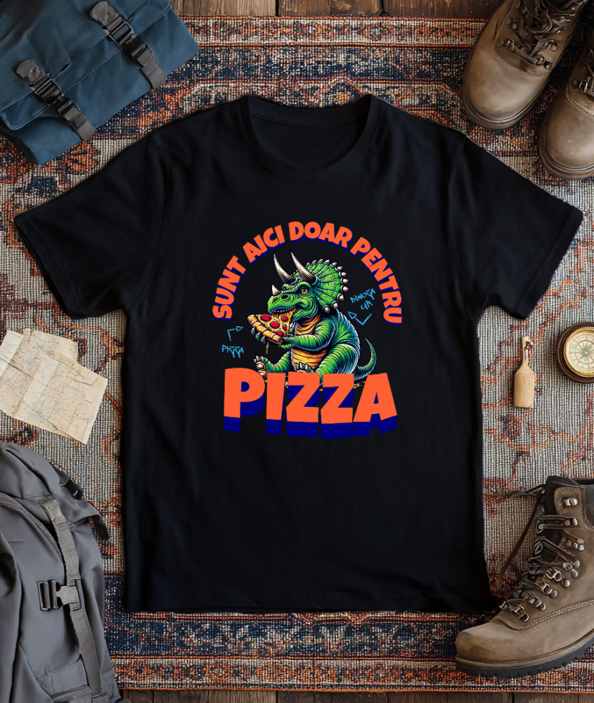 Tricou Femei, Barbati, Copii, Fata, Baiat, Unisex Personalizat Dinozaur personalizat cu pizza și text haios „Sunt aici doar pentru pizza” – Cadou perfect pentru iubitorii de pizza [3]