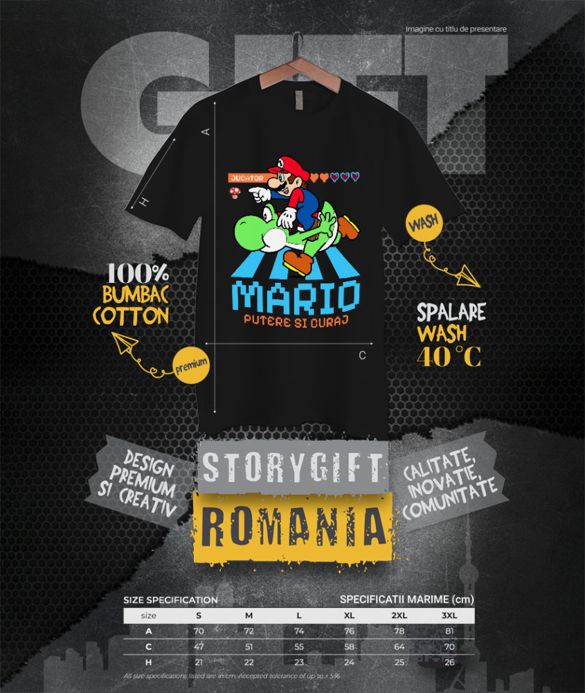 Tricou Barbati cu Distractie in Doi: Mario si Yoshi 100% Bumbac, Negru, XL [4]