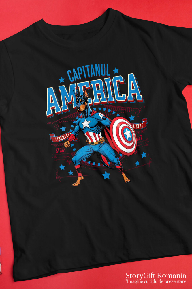 Tricou Femei, Barbati, Copii, Fata, Baiat, Unisex Personalizat Doberman în Costum de Captain America cu Pelerină - Cadou Personalizat pentru Copii și Iubitorii de Câini [3]