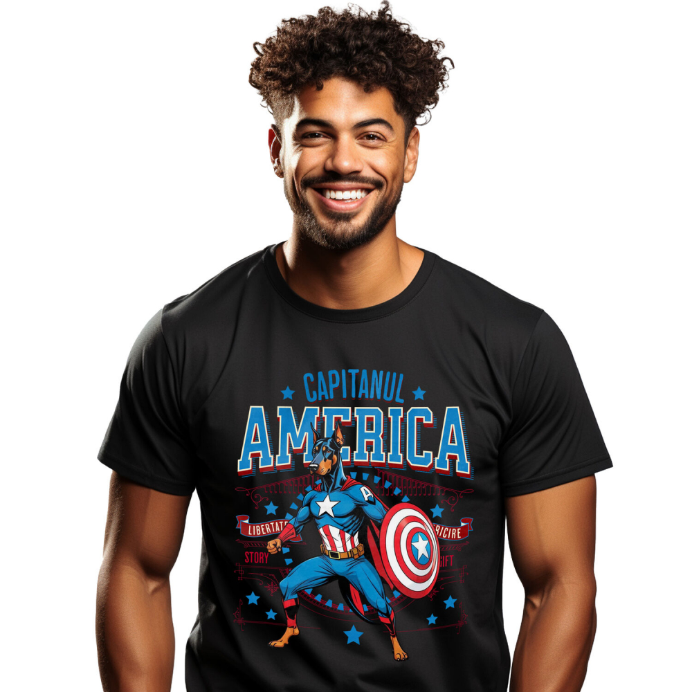 Tricou Femei, Barbati, Copii, Fata, Baiat, Unisex Personalizat Doberman în Costum de Captain America cu Pelerină - Cadou Personalizat pentru Copii și Iubitorii de Câini [1]