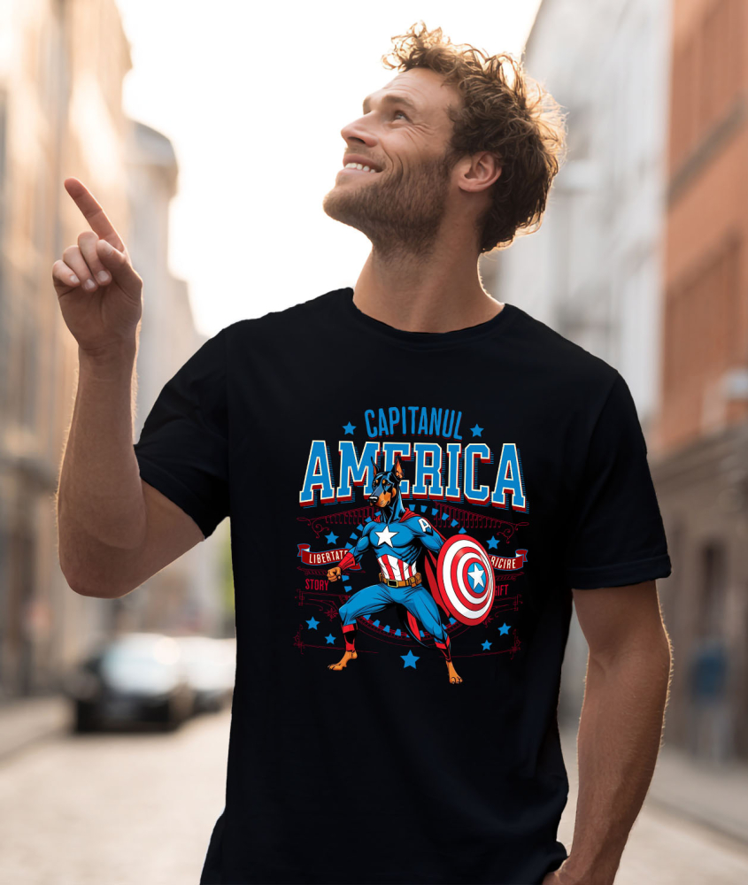 Tricou Femei, Barbati, Copii, Fata, Baiat, Unisex Personalizat Doberman în Costum de Captain America cu Pelerină - Cadou Personalizat pentru Copii și Iubitorii de Câini [2]