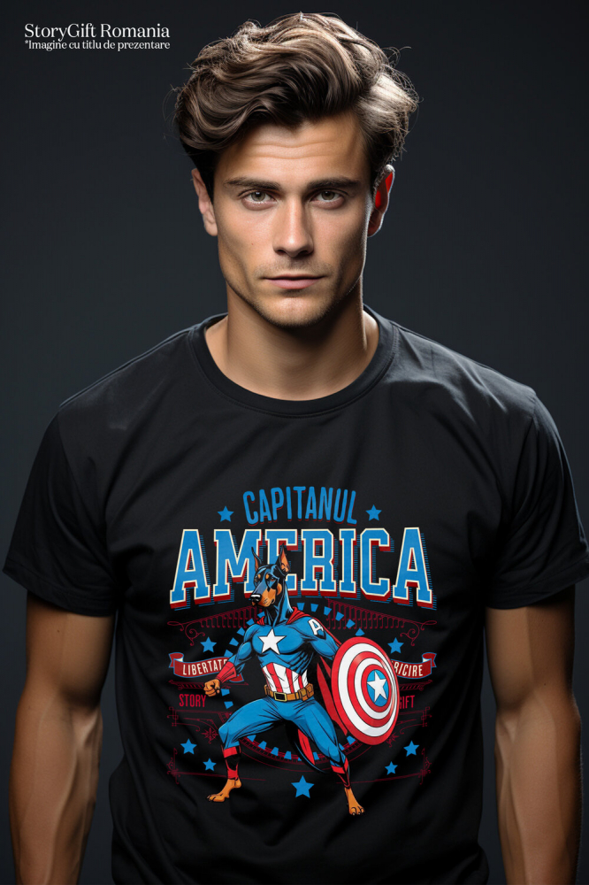 Tricou Femei, Barbati, Copii, Fata, Baiat, Unisex Personalizat Doberman în Costum de Captain America cu Pelerină - Cadou Personalizat pentru Copii și Iubitorii de Câini [2]
