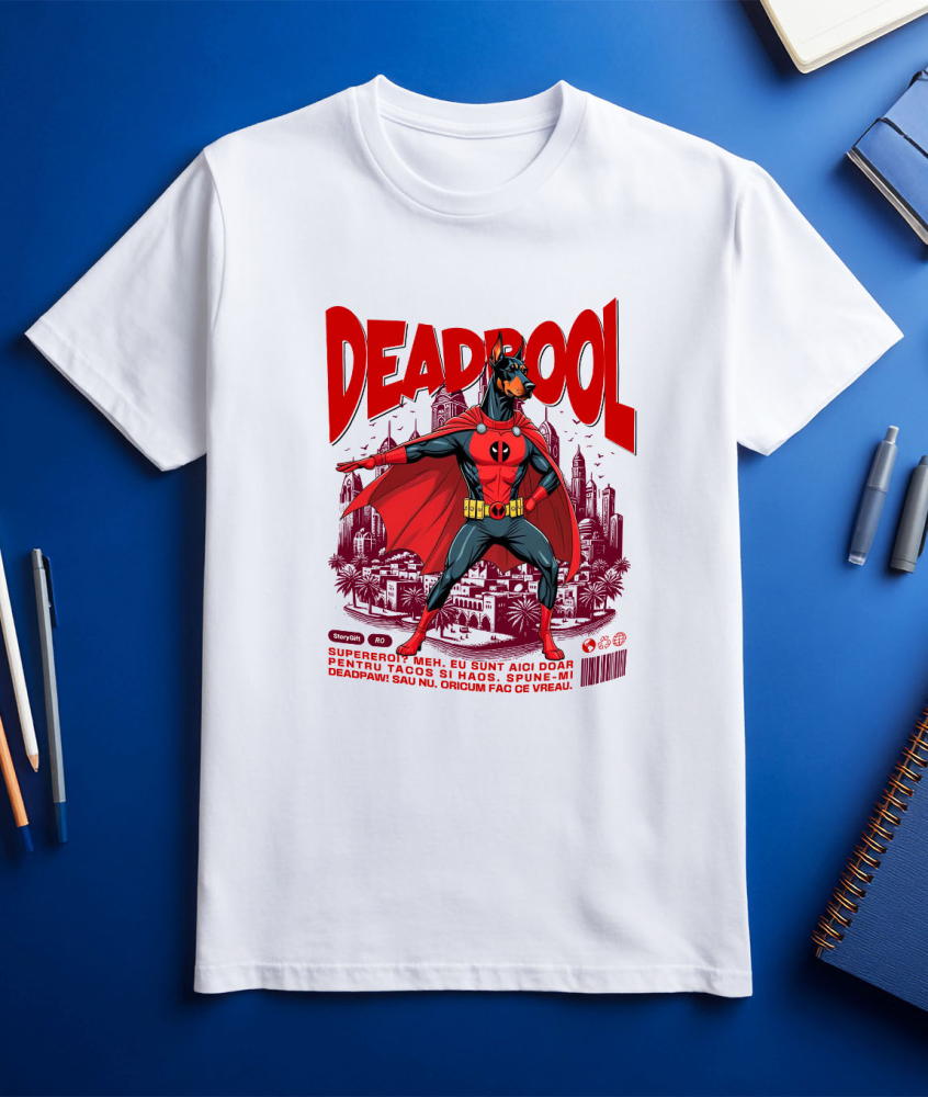 Tricou Femei, Barbati, Copii, Fata, Baiat, Unisex Personalizat Doberman în Costum Deadpool – Câine Supererou Personalizat și Amuzant [3]