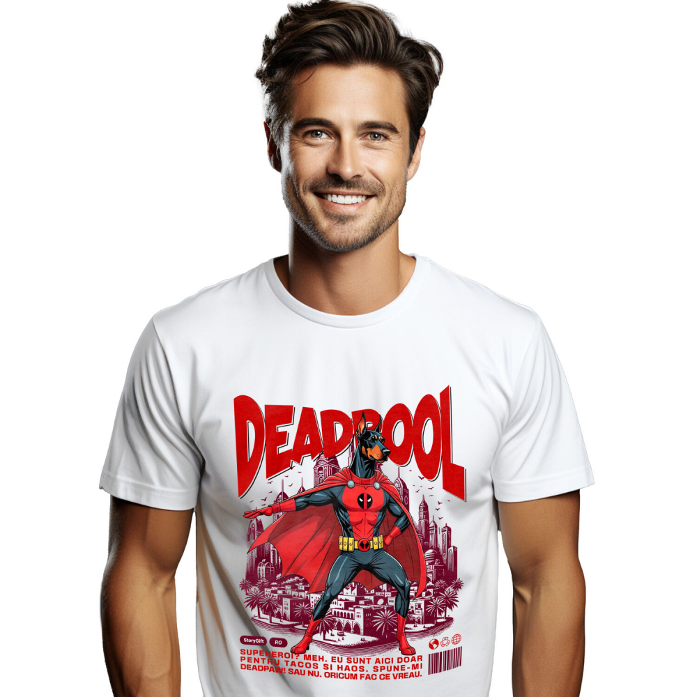 Tricou Femei, Barbati, Copii, Fata, Baiat, Unisex Personalizat Doberman în Costum Deadpool – Câine Supererou Personalizat și Amuzant [1]