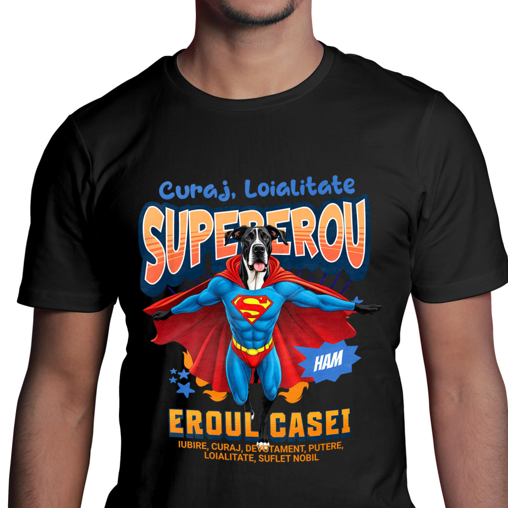 Tricou Femei, Barbati, Copii, Fata, Baiat, Unisex Personalizat Dog German în Costum de Superman – Produse Personalizate pentru Copii și Familie [1]
