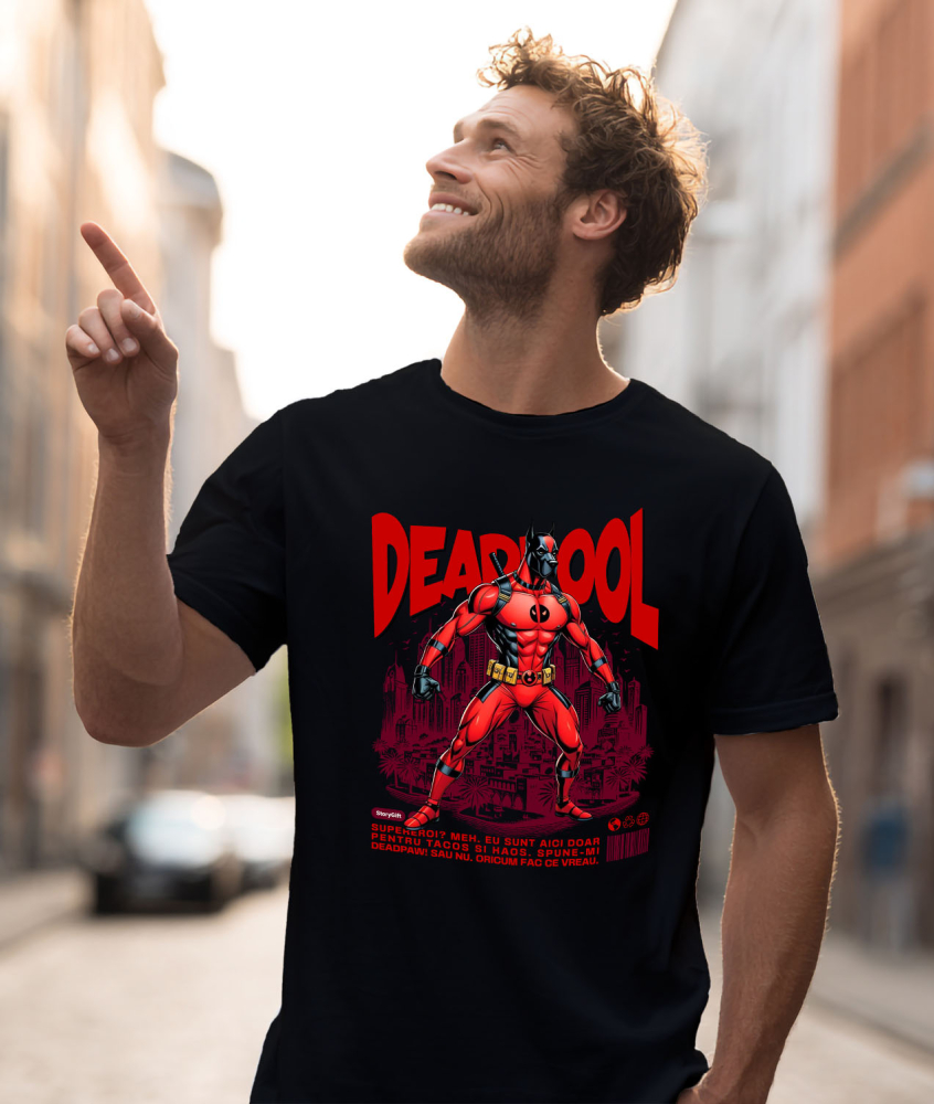Tricou Femei, Barbati, Copii, Fata, Baiat, Unisex Personalizat Dog German în Costum Deadpool – Câine Supererou Amuzant și Personalizat [2]