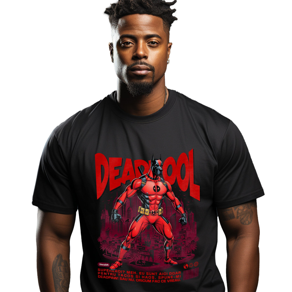 Tricou Femei, Barbati, Copii, Fata, Baiat, Unisex Personalizat Dog German în Costum Deadpool – Câine Supererou Amuzant și Personalizat [1]
