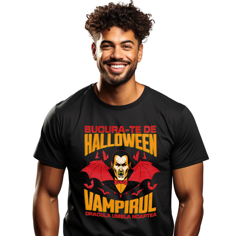 Tricou Femei, Barbati, Copii, Fata, Baiat, Unisex Personalizat Dracula cu Colți și Aripi | Vampirul Dracula Halloween | Petrecere Tematică de Groază [1]