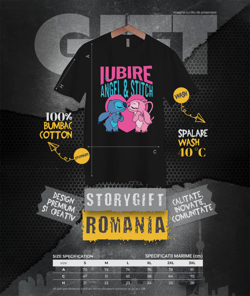 Tricou Barbati cu Dragostea lui Stitch 100% Bumbac, Negru, M [4]