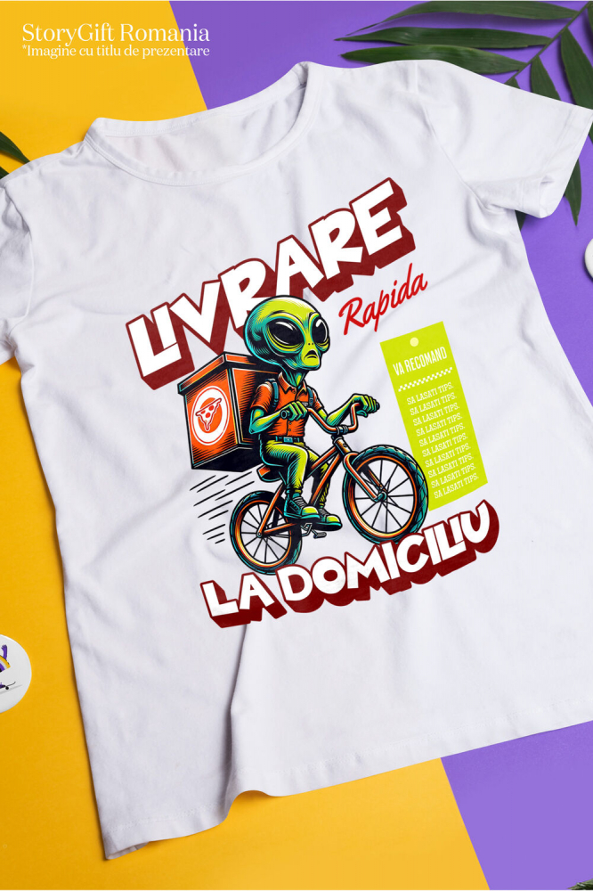 Tricou Femei, Barbati, Copii, Fata, Baiat, Unisex Personalizat Extraterestru Curier Cu Bicicleta Si Cutii De Pizza | Cadou Amuzant Livrare La Domiciliu [3]