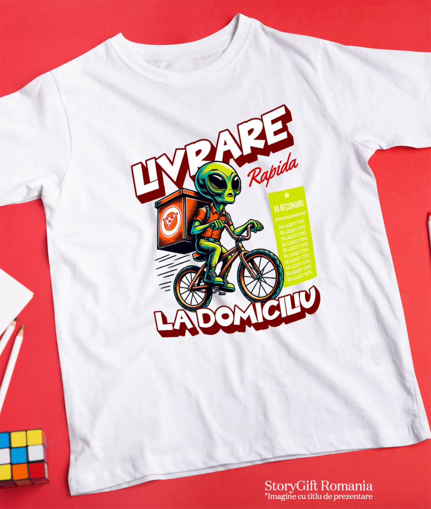 Tricou Femei, Barbati, Copii, Fata, Baiat, Unisex Personalizat Extraterestru Curier Cu Bicicleta Si Cutii De Pizza | Cadou Amuzant Livrare La Domiciliu [3]