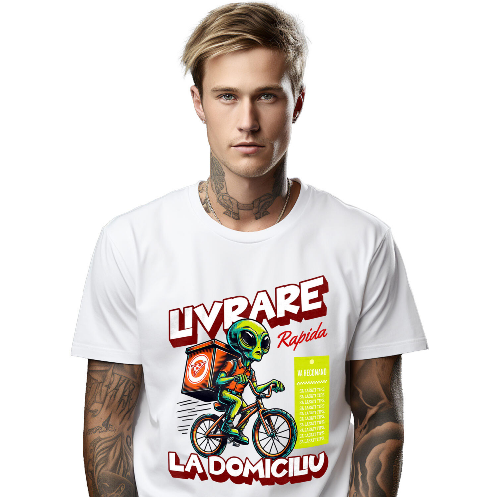 Tricou Femei, Barbati, Copii, Fata, Baiat, Unisex Personalizat Extraterestru Curier Cu Bicicleta Si Cutii De Pizza | Cadou Amuzant Livrare La Domiciliu [1]