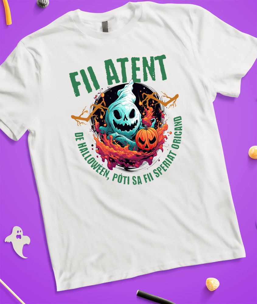 Tricou Femei, Barbati, Copii, Fata, Baiat, Unisex Personalizat Fantoma Horror și Dovleac De Halloween | Mesaj „Fii Atent, De Halloween Poți Să Fii Speriat” | Cadou Personalizat pentru Halloween [3]