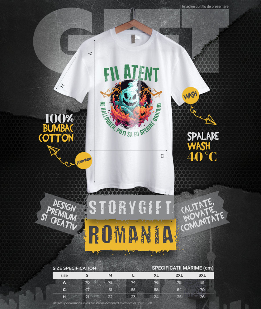 Tricou Femei, Barbati, Copii, Fata, Baiat, Unisex Personalizat Fantoma Horror și Dovleac De Halloween | Mesaj „Fii Atent, De Halloween Poți Să Fii Speriat” | Cadou Personalizat pentru Halloween [4]