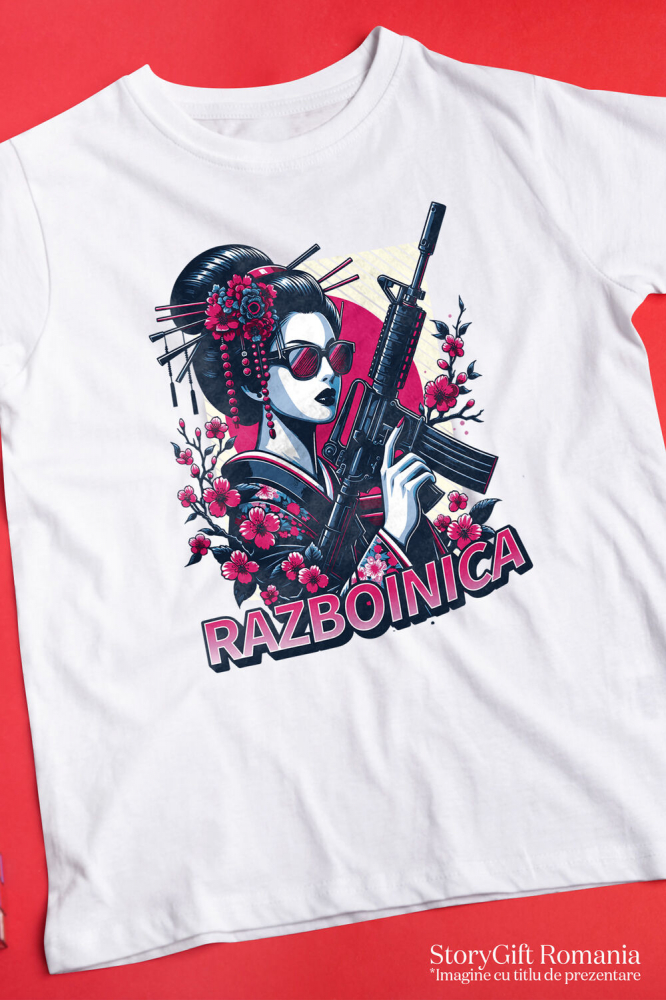 Tricou Femei, Barbati, Copii, Fata, Baiat, Unisex Personalizat Fata Asiatica cu Mitralieră și Flori Roz – Războinică Personalizată [3]