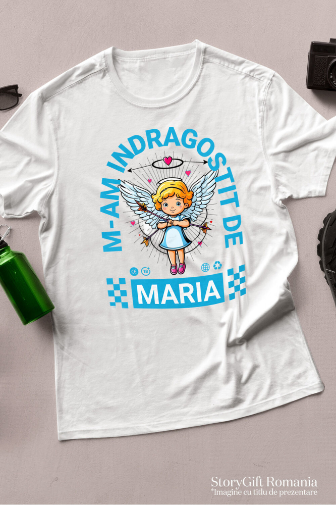 Tricou Femei, Barbati, Copii, Fata, Baiat, Unisex Personalizat Statuie Fata Copil Cu Aripi Înger – Cadou Personalizat Valentine's Day „M-am Îndrăgostit De Maria” [3]