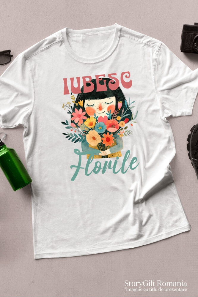 Tricou Femei, Barbati, Copii, Fata, Baiat, Unisex Personalizat Cadou Personalizat Fata Cu Breton și Buchet De Trandafiri | Iubesc Florile | Iubire și Natură [3]