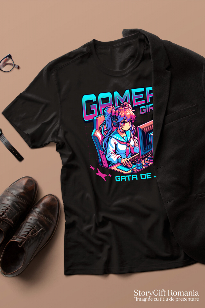 Tricou Femei, Barbati, Copii, Fata, Baiat, Unisex Personalizat Fata Stil Anime - Gamer Girl La Birou - Cadou Personalizat Jocuri Calculator [3]