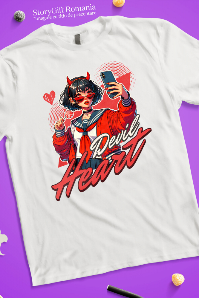 Tricou Femei, Barbati, Copii, Fata, Baiat, Unisex Personalizat „Fată Stil Anime Cu Acadea și Selfie - Cadou Personalizat „Devil Heart” pentru Familie, Copii și Prieteni” [3]