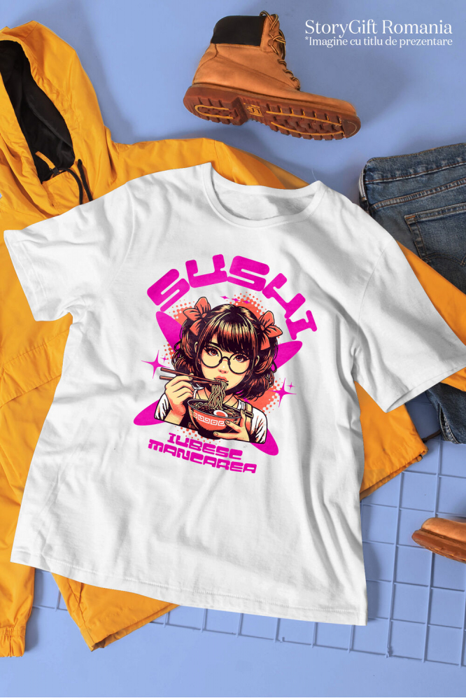 Tricou Femei, Barbati, Copii, Fata, Baiat, Unisex Personalizat Fată Anime Cu Fundițe Și Ochelari Mâncând Supă Noodles | Cadou Personalizat Iubitorilor De Mâncare [3]