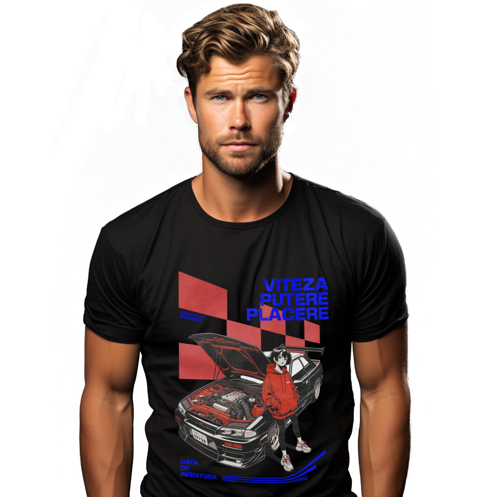 Tricou Femei, Barbati, Copii, Fata, Baiat, Unisex Personalizat Tricou Anime Auto – Fată cu Hanorac Roșu și Mașină Sport Puternică [1]