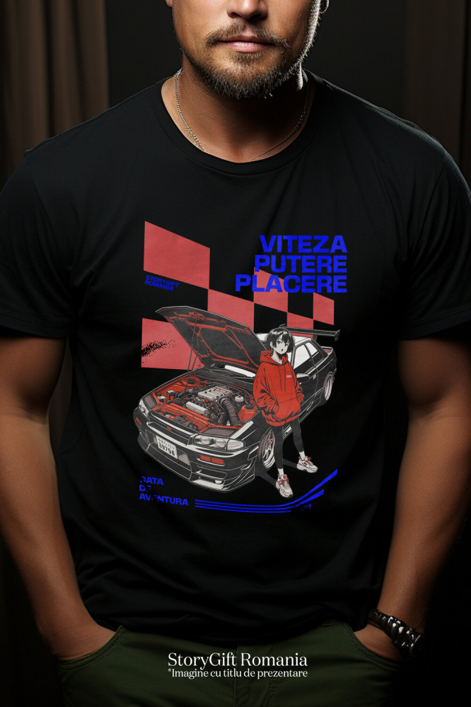 Tricou Femei, Barbati, Copii, Fata, Baiat, Unisex Personalizat Tricou Anime Auto – Fată cu Hanorac Roșu și Mașină Sport Puternică [2]