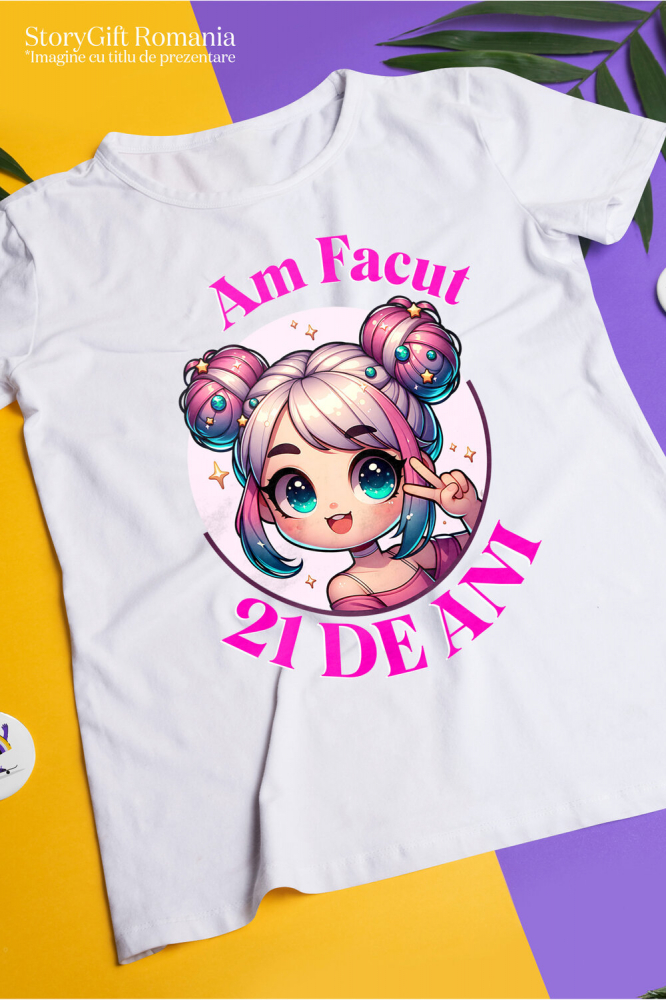 Tricou Femei, Barbati, Copii, Fata, Baiat, Unisex Personalizat Fata Anime cu Par Roz – Petrecere de 21 de Ani și Aniversare Copii [3]