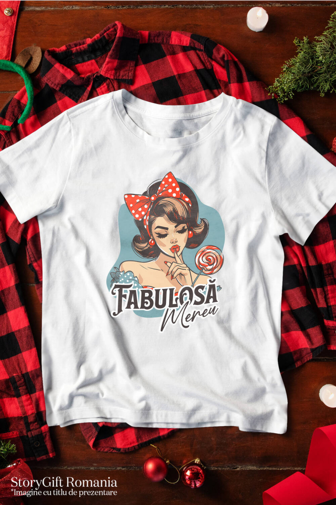Tricou Femei, Barbati, Copii, Fata, Baiat, Unisex Personalizat Fată Retro cu Funda Roșie și Acadea - Cadou Personalizat Fabuloasă Mereu Încredere de Sine [3]